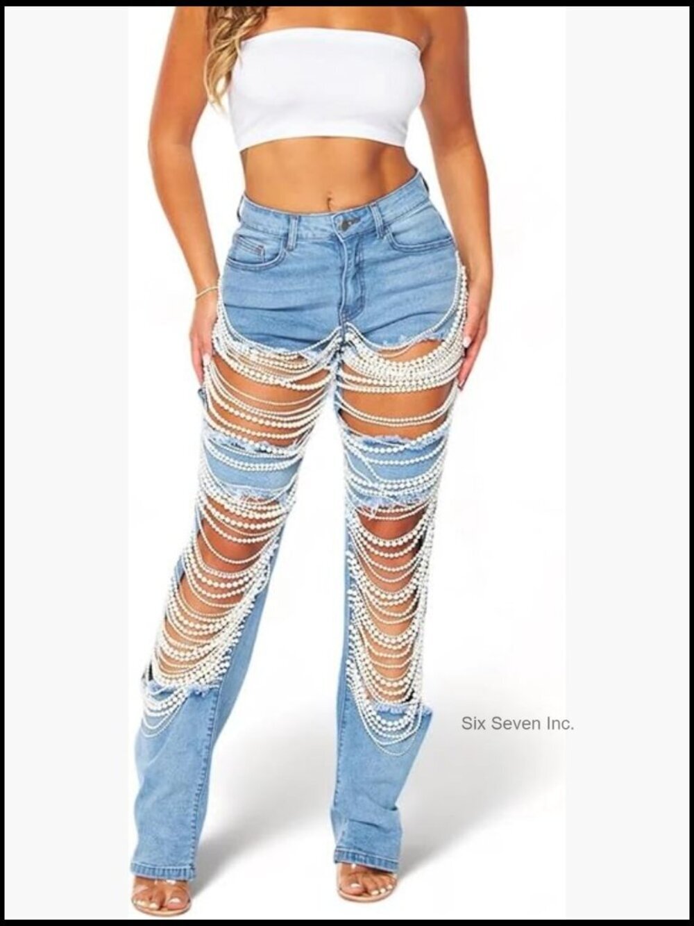 Straight Leg Mid Waist Cut Out Jeans with Rhinestone Pearl Beading